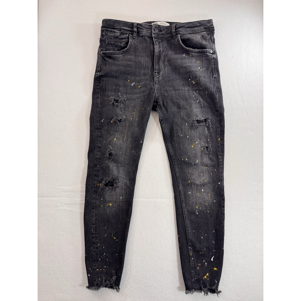 Zara Mens Jeans 31 (FIts 32x25) Black Distressed Paint Splatter Stretchy Tapered